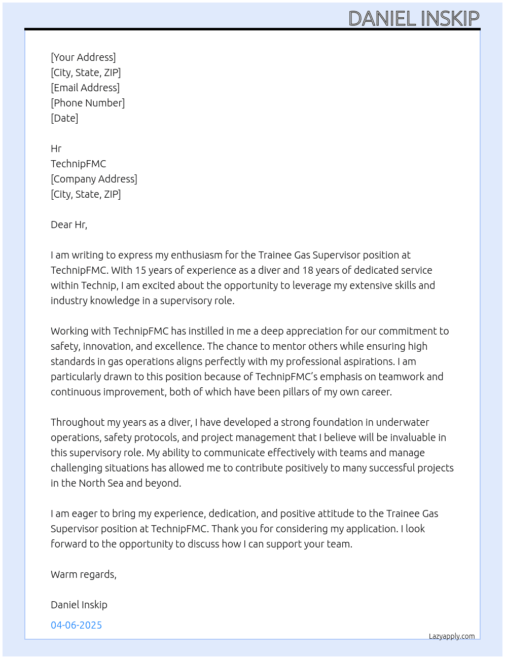 Trainee gas supervisor  At Technipfmc  Cover Letter