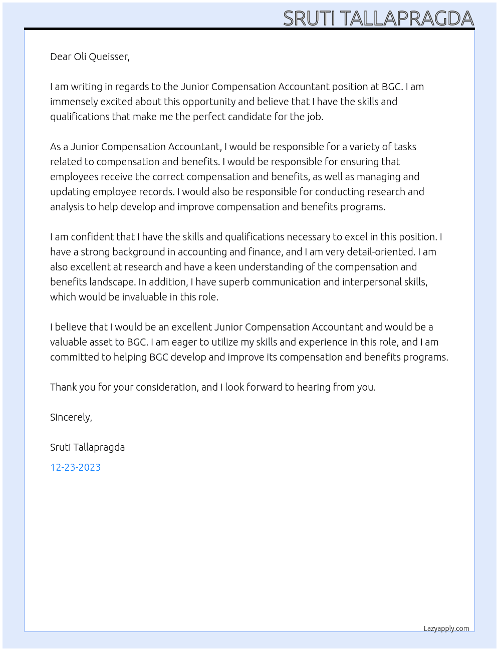 Junior Compensation Accountant At BGC Cover Letter
