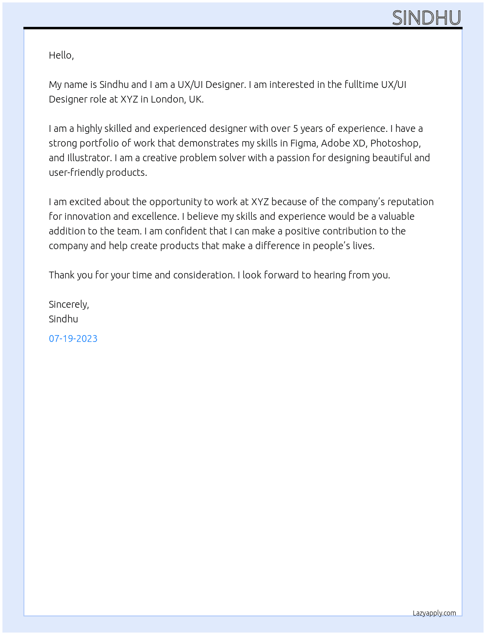 UX/UI Designer At XYZ Cover Letter