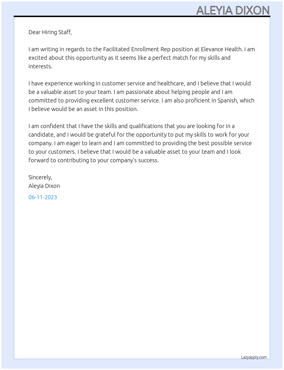 Facilitated Enrollment Rep At Elevance Health Cover Letter