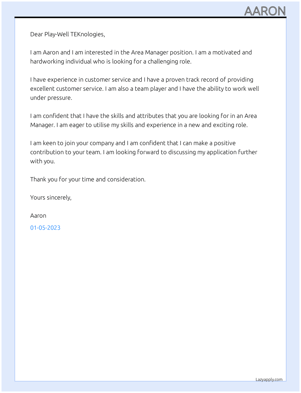Area Manager At Play-Well TEKnologies Cover Letter