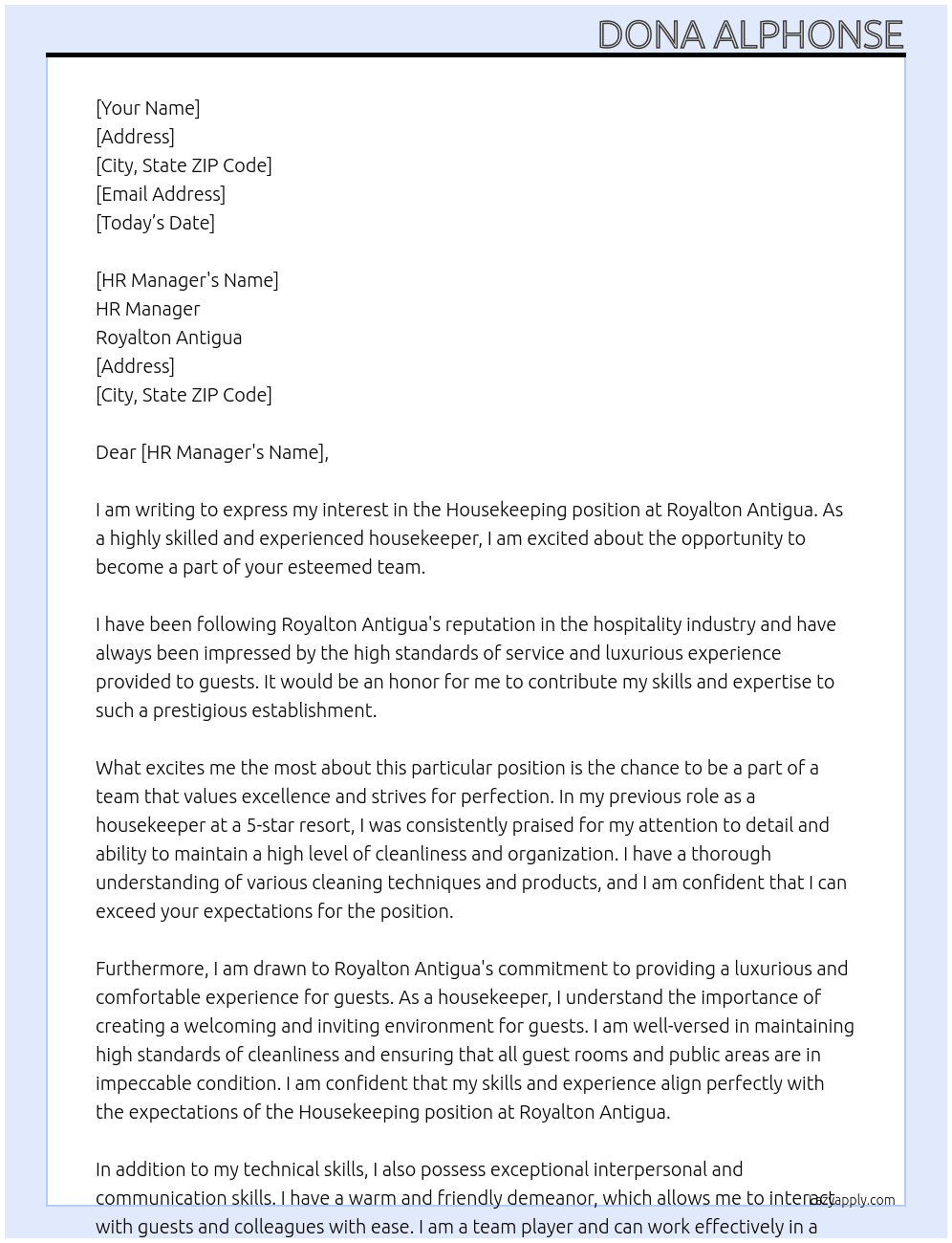 Housekeeping At Royalton Antigua Cover Letter