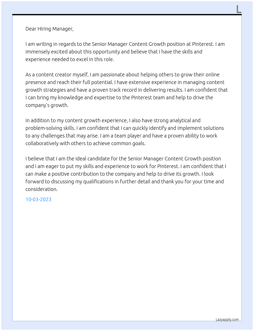 Cover letter for senior manager content growth - LazyApply