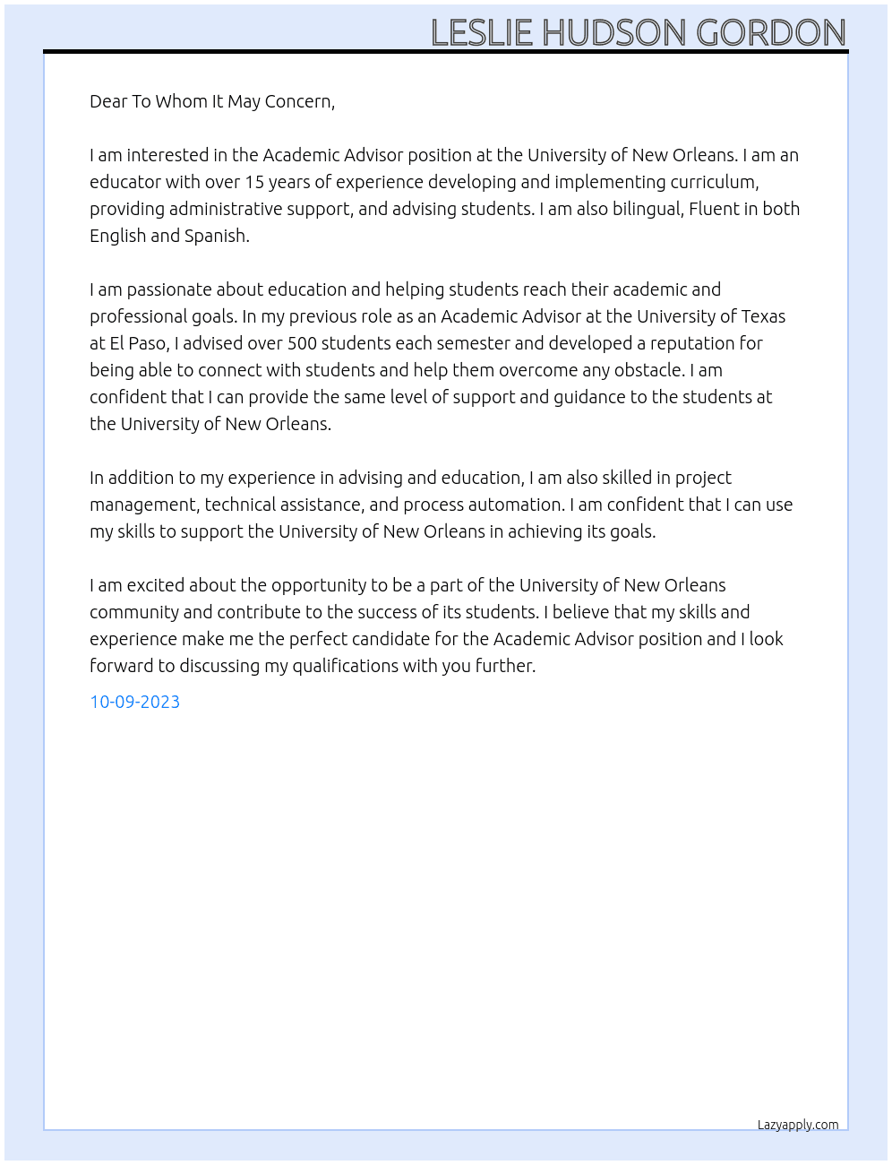 Academic advisor At University of New Orleans Cover Letter