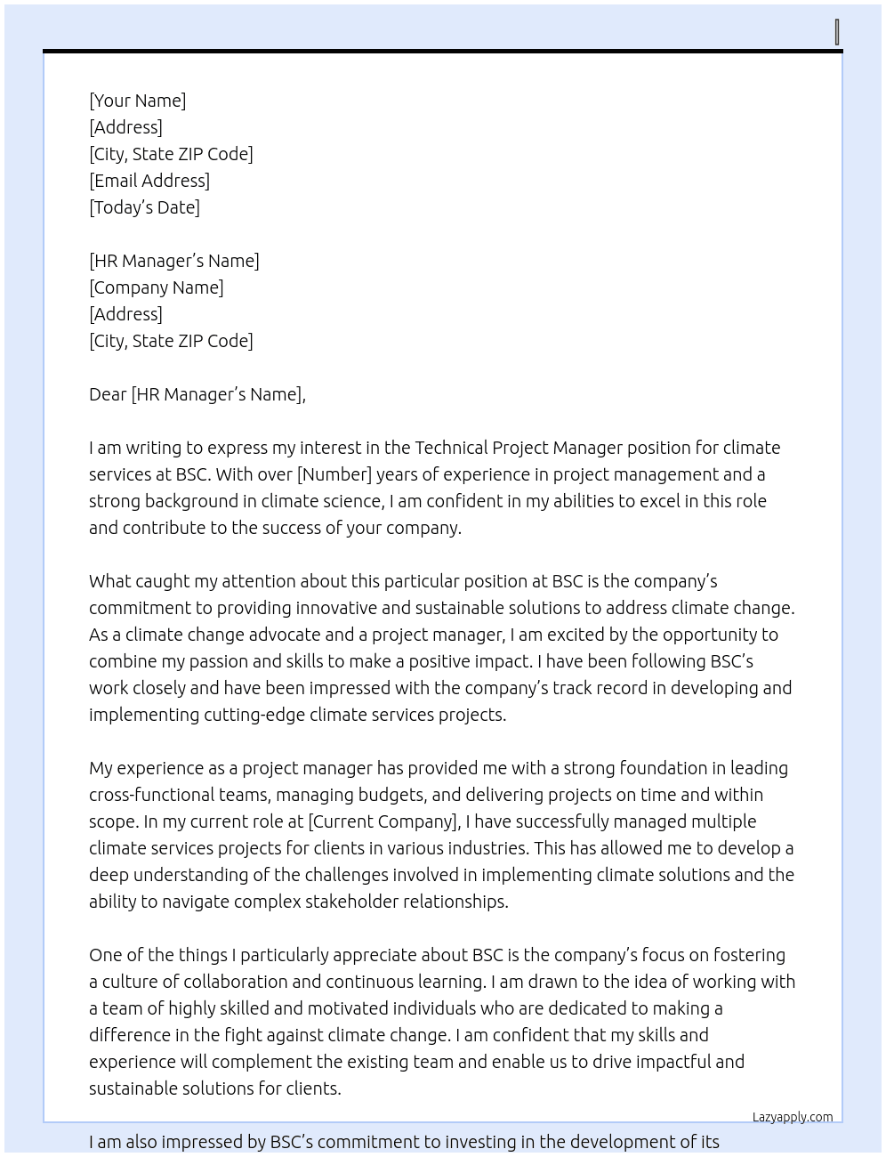 Technical project manager - climate services At BSC Cover Letter