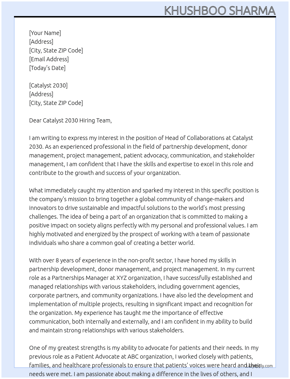 Head of Collaborations At Catalyst 2030 Cover Letter