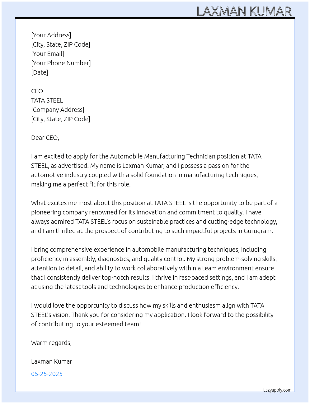 Cover letter for automobile manufacturing technician - LazyApply