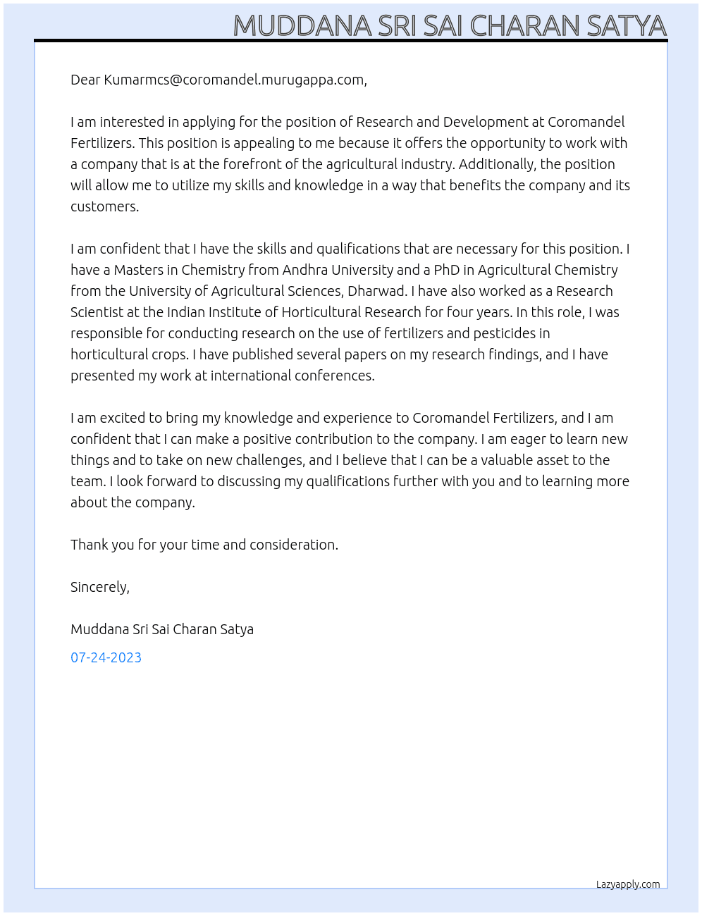 Research and development At Coromandel Fertilizers Cover Letter