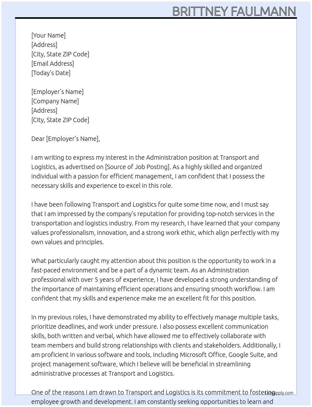 administration At transport and logistics Cover Letter