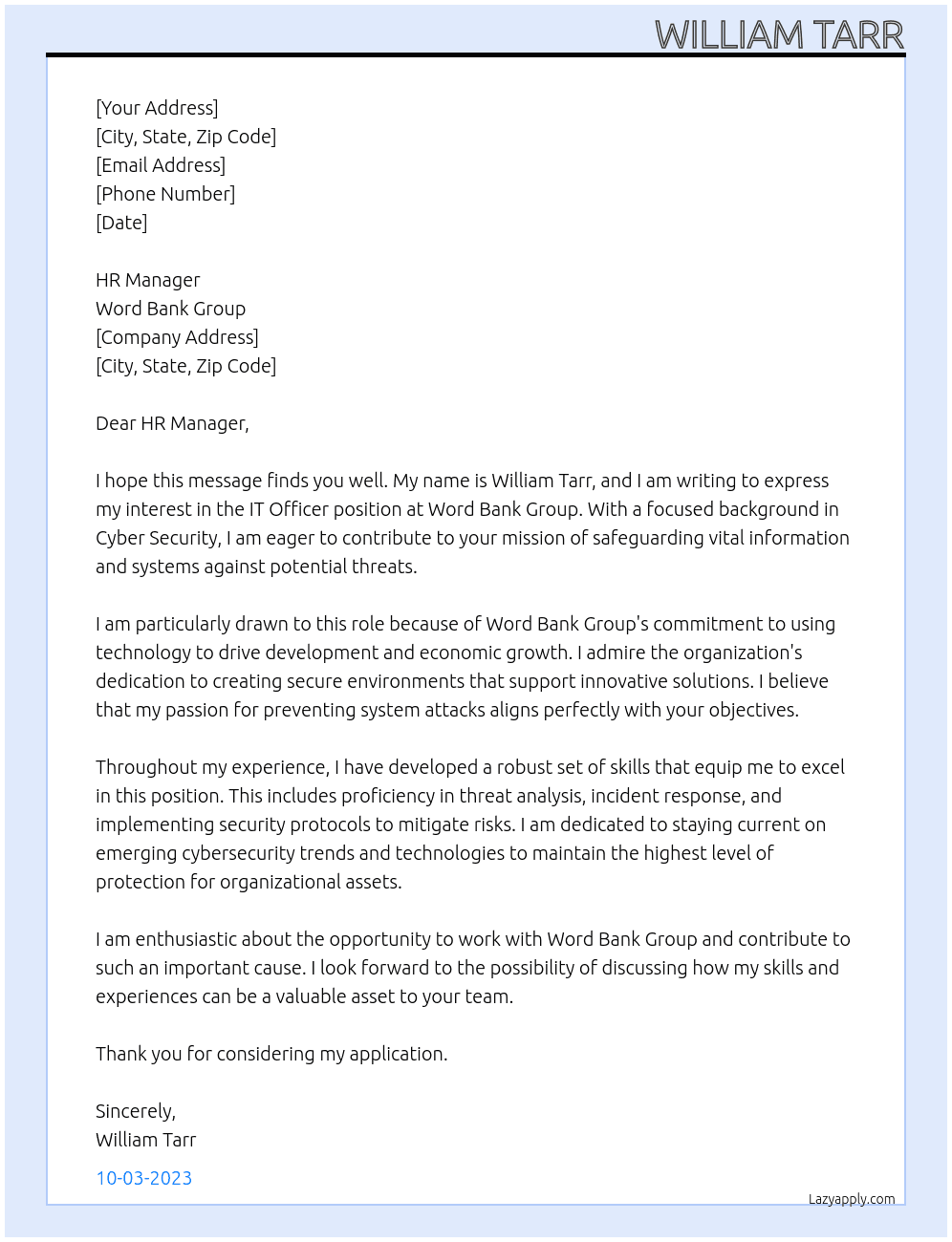 IT Officer At Word Bank Group Cover Letter