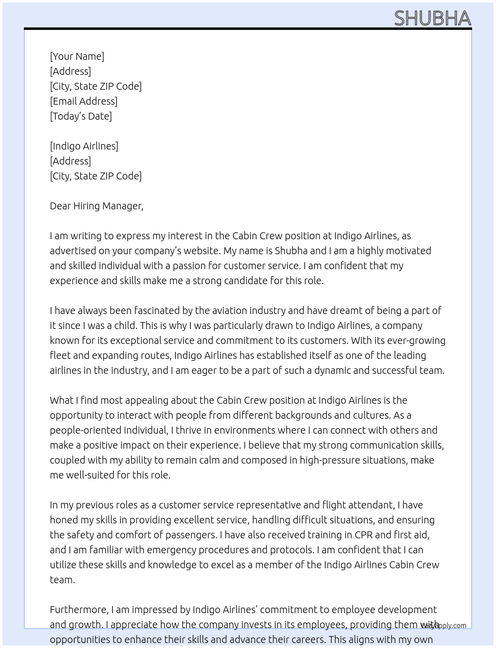 Cabin crew  At Pentam Cover Letter