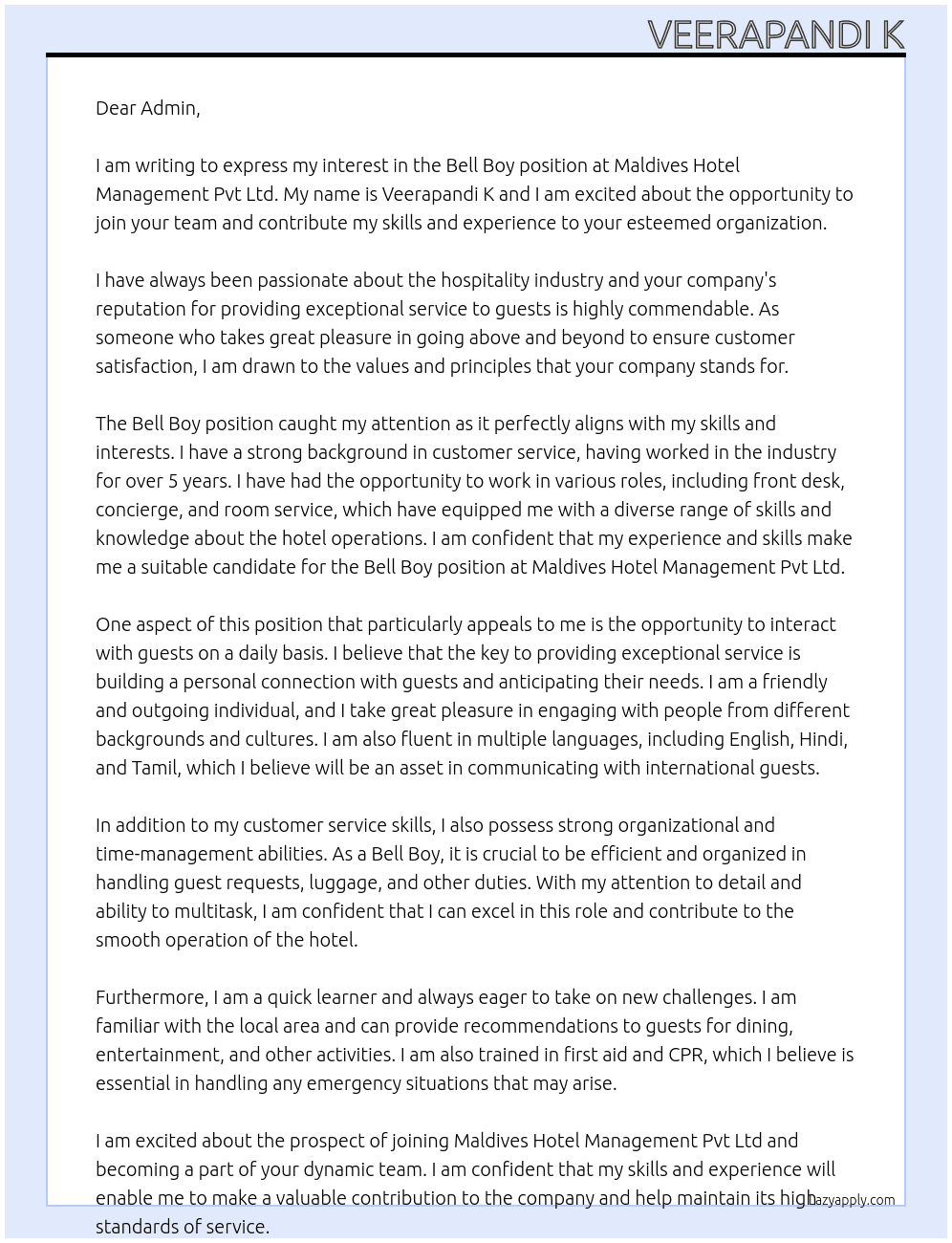 Bell Boy At Maldives Hotel Management Pvt Ltd  Cover Letter