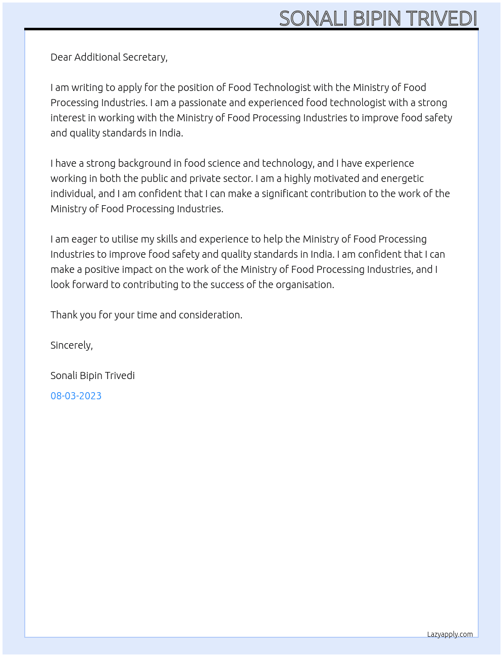 Food Technologist At Ministry of Food Processing Industries Cover Letter