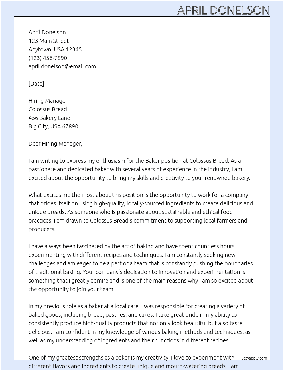 Baker At Colossus Bread Cover Letter