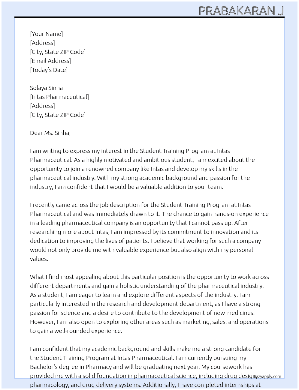 student training program At intas pharmaeutical Cover Letter