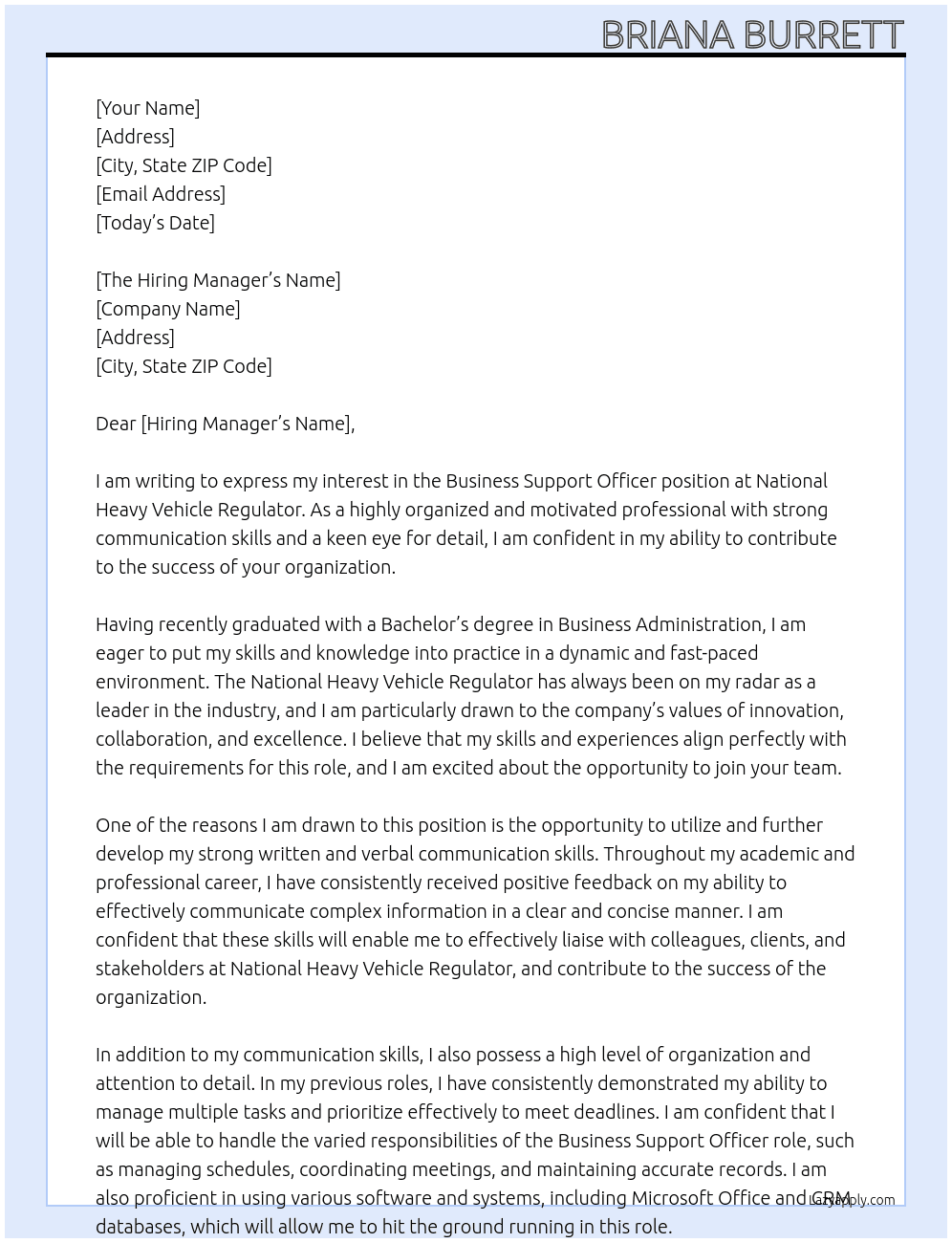 Business Support Officer At National Heavy Vehicle Regulator Cover Letter