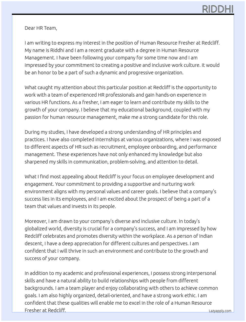 Human Resource Fresher At Redcliff Cover Letter