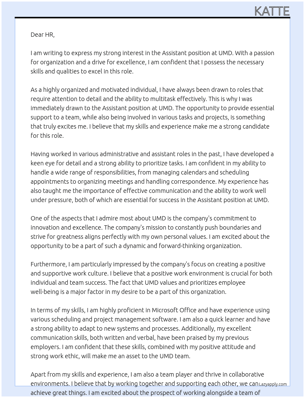 Assistant  At umd Cover Letter