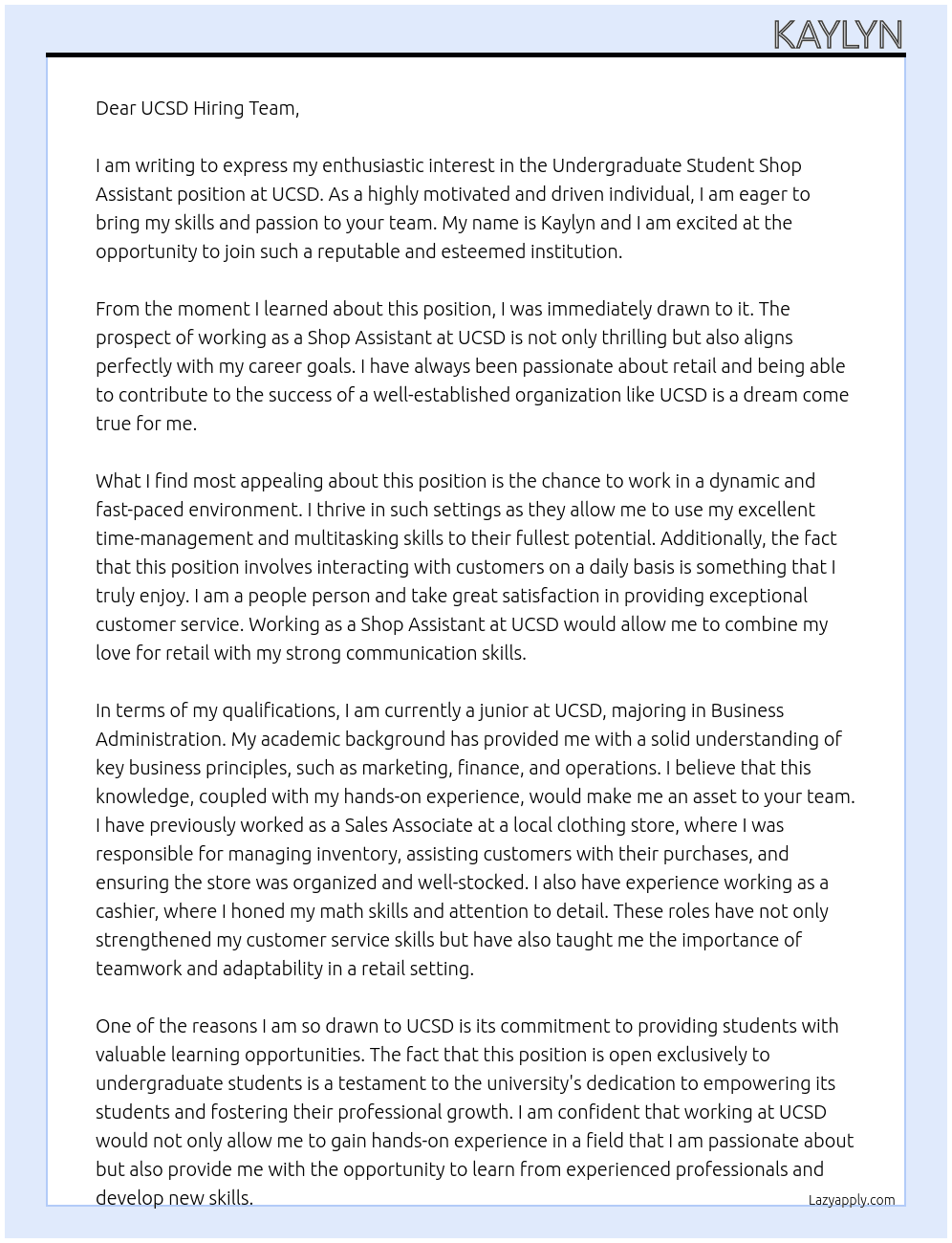 Undergraduate Student Shop Assistant  At UCSD Cover Letter