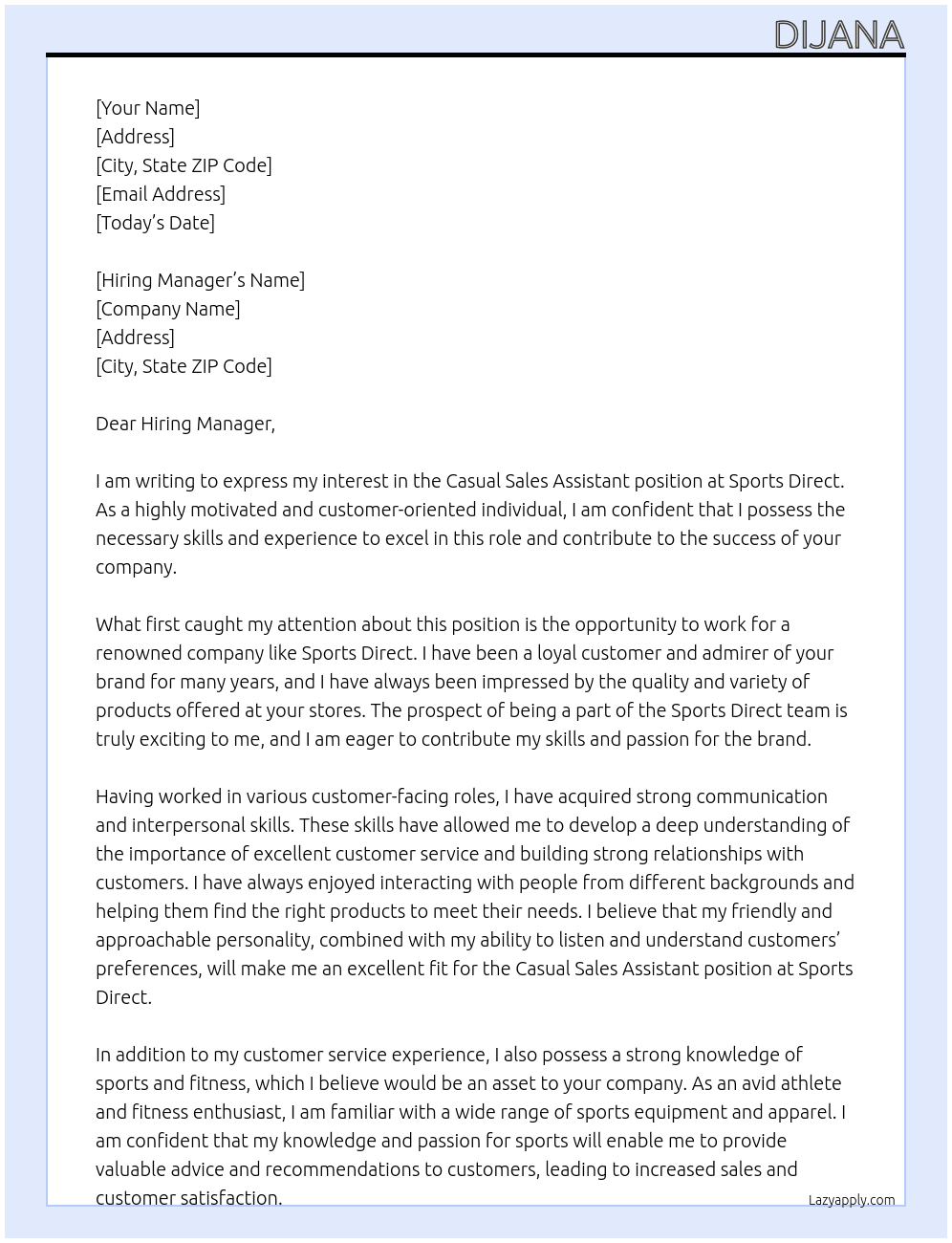 Casual Sales Assistant At Sports Direct Cover Letter