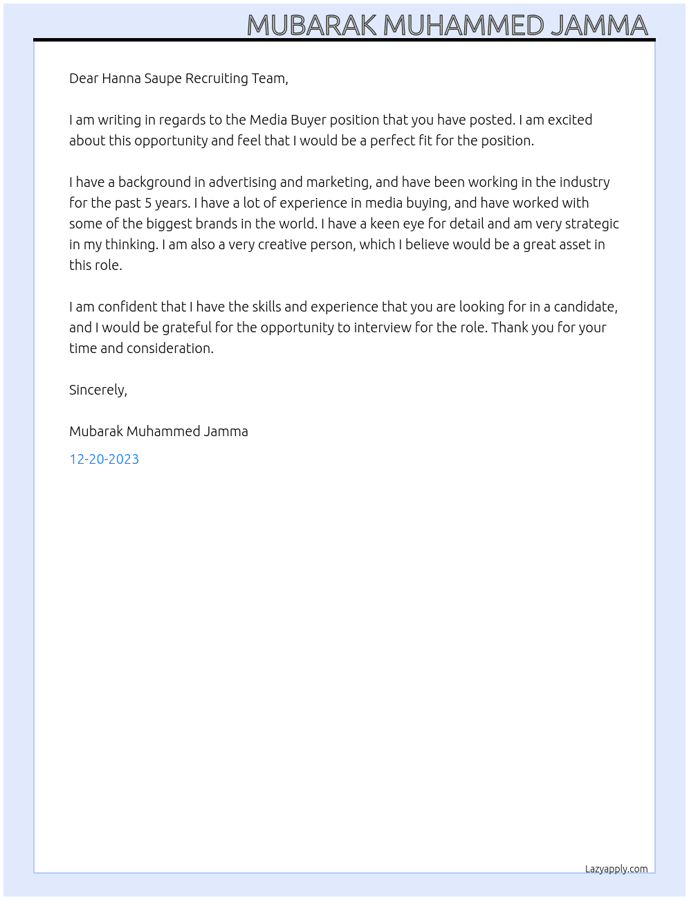 Media Buyer  At Hanna Saupe Recruiting Team Cover Letter