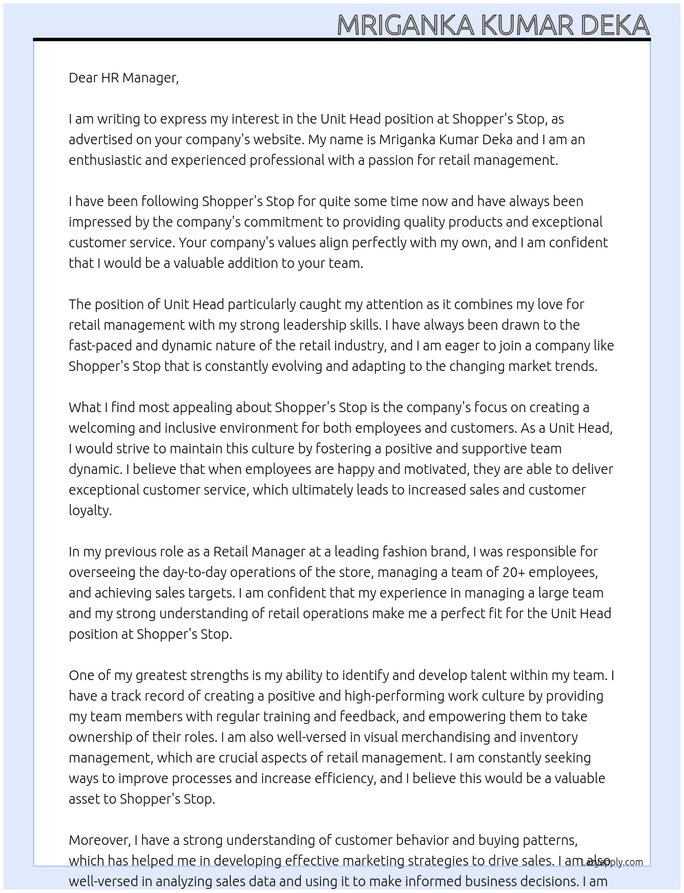 Unit Head At Shopper's Stop Cover Letter