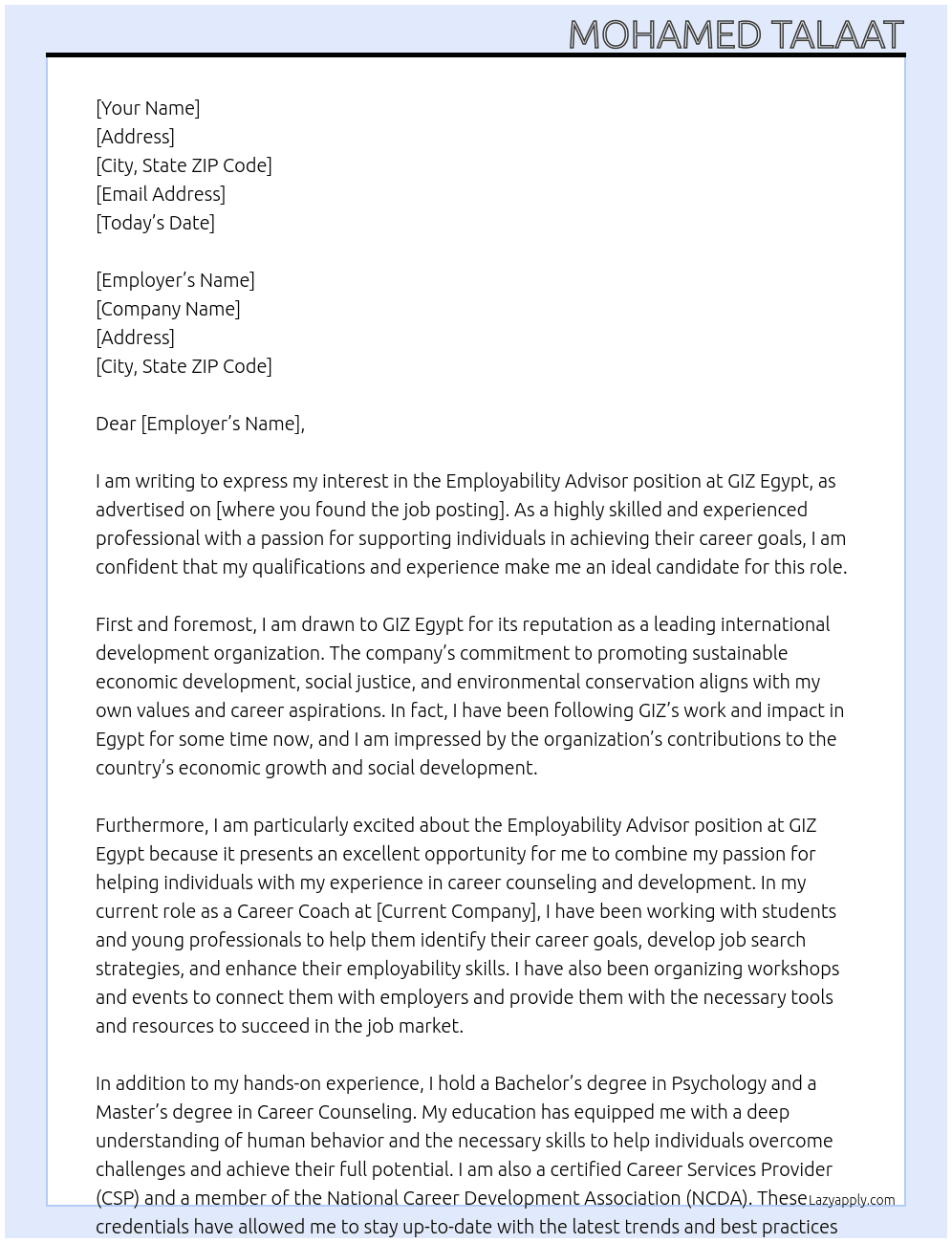 employability advisor At GIZ Egypt Cover Letter