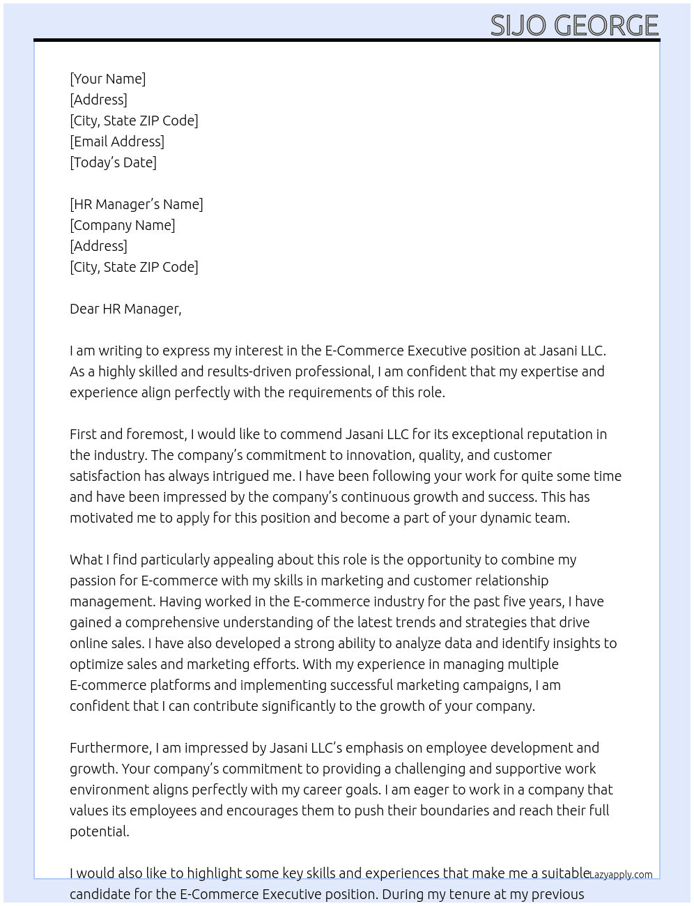 E-Commerce Executive At Jasani LLC Cover Letter