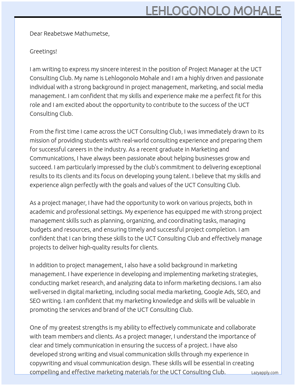 Project Manager At UCT Consulting Club Cover Letter