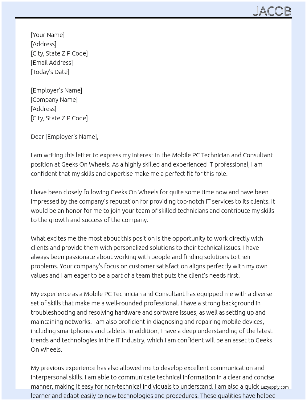 Mobile PC Technician and Consultant At Geeks On Wheels Cover Letter