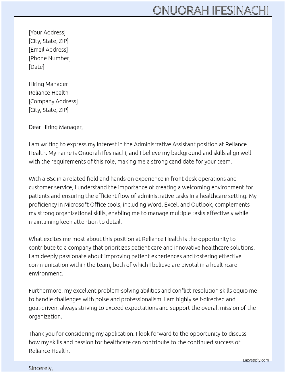 Administrative assistant  At Reliance Health Cover Letter