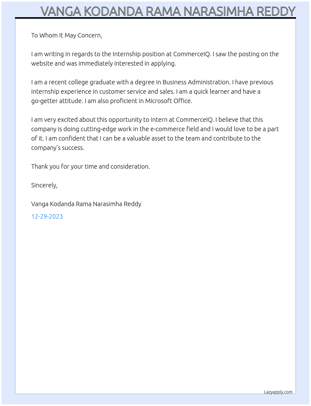 Internship At CommerceIQ Cover Letter
