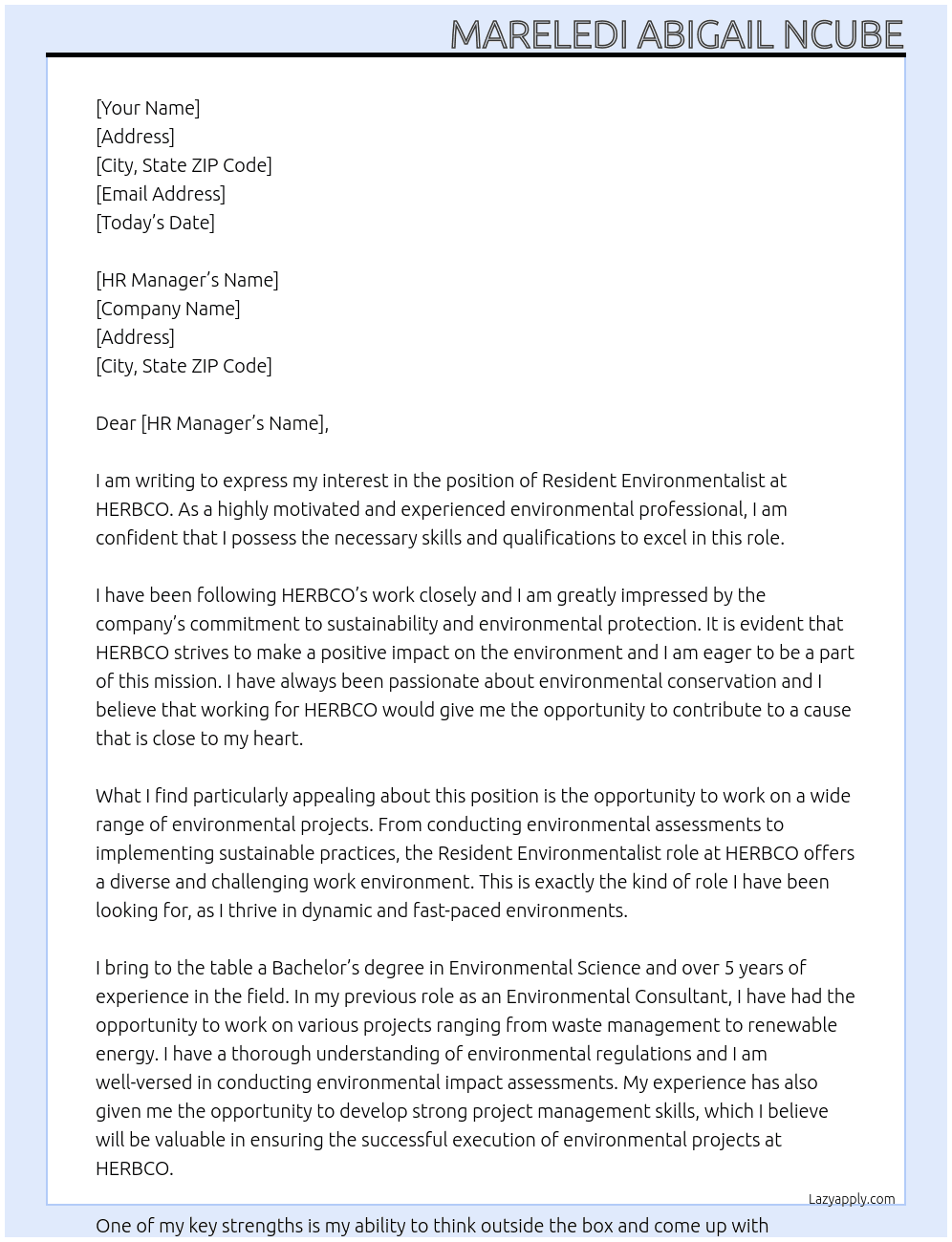 Resident Environmentalist At HERBCO Cover Letter
