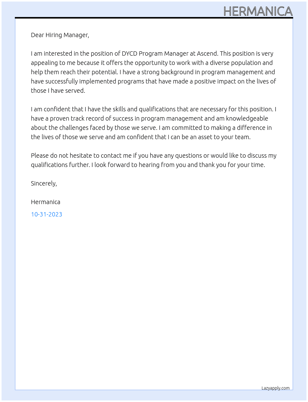 DYCD Program Manager At Ascend Cover Letter
