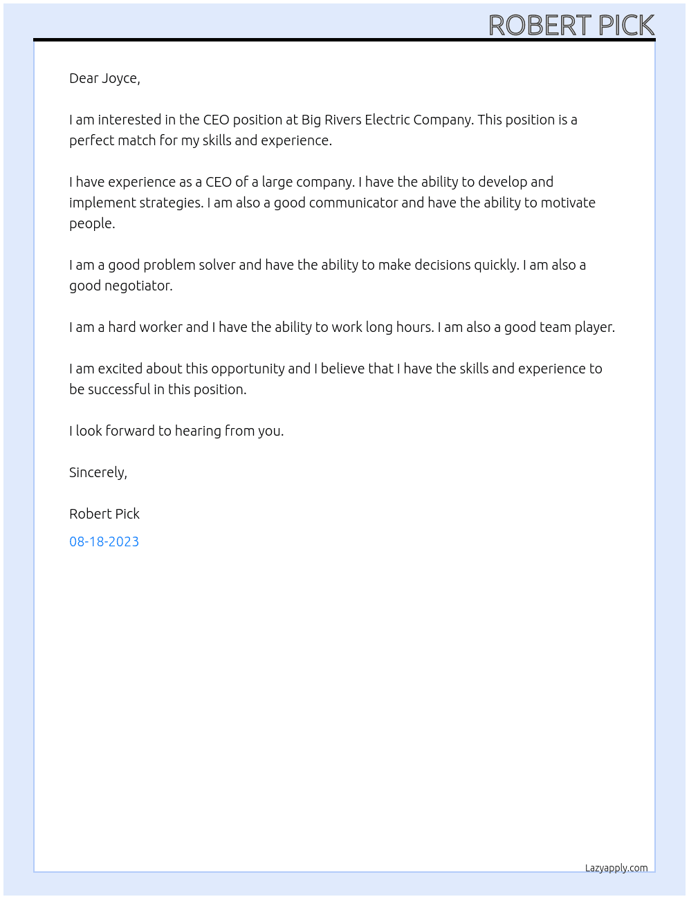 CEO At Big Rivers Electric Company Cover Letter