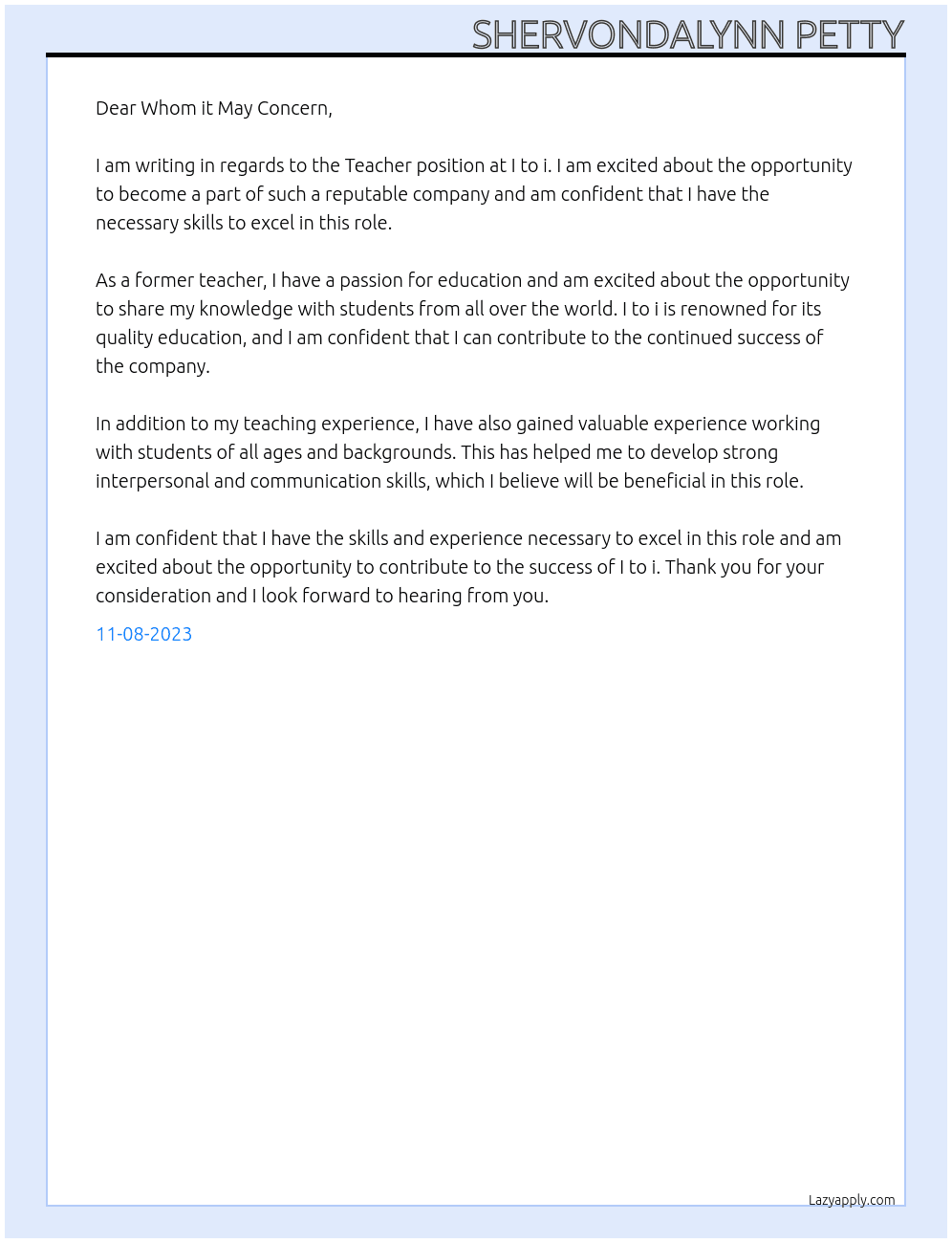 Teacher At I to i Cover Letter