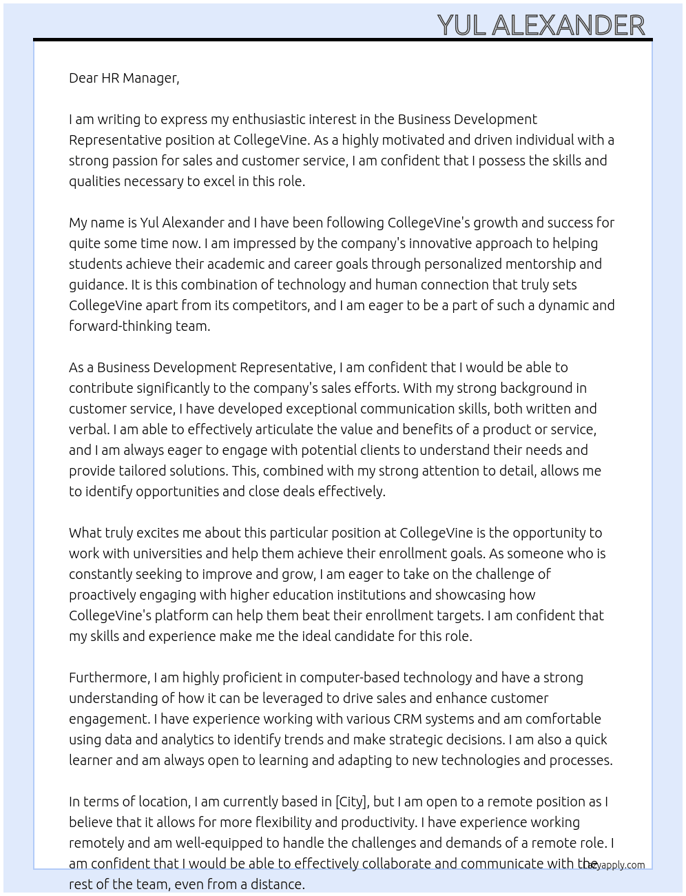 Business Development Representative At CollegeVine Cover Letter