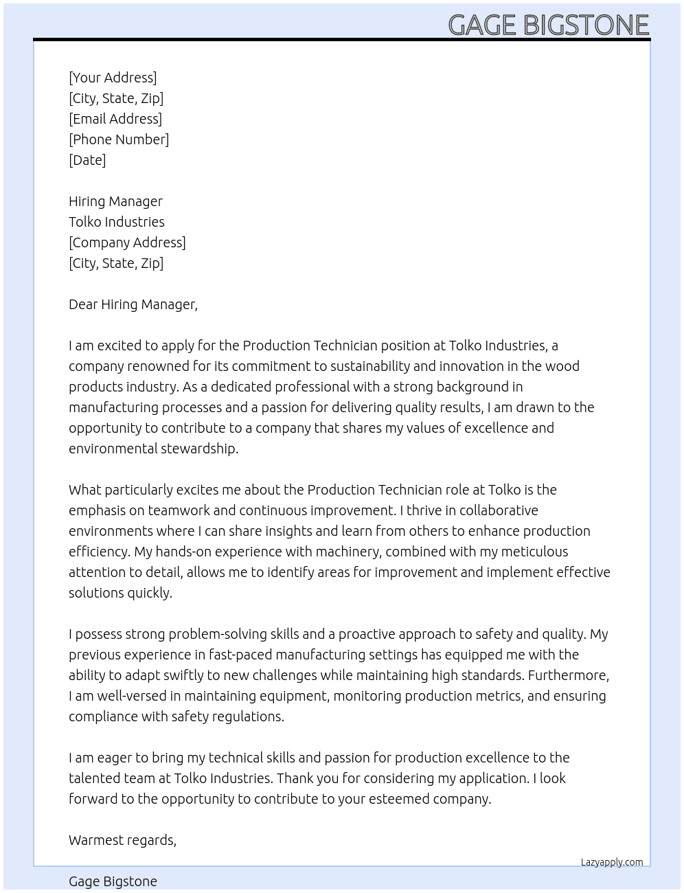 Production Technician At Tolko Industries Cover Letter