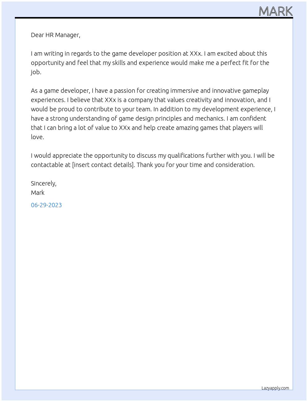 game developer At XXx Cover Letter