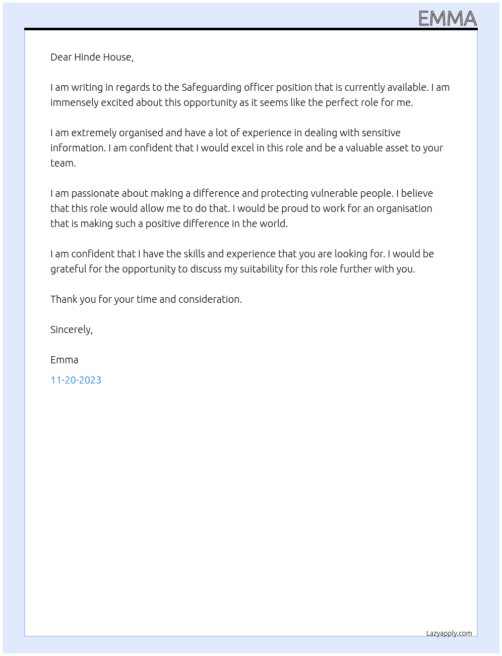 Safeguarding officer At Hinde House  Cover Letter
