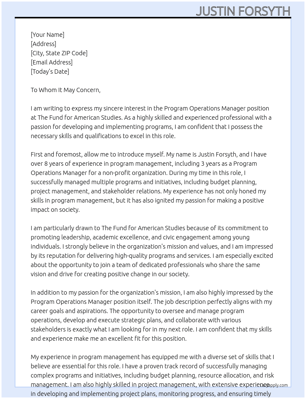 Program Operations Manager At The Fund for American Studies Cover Letter