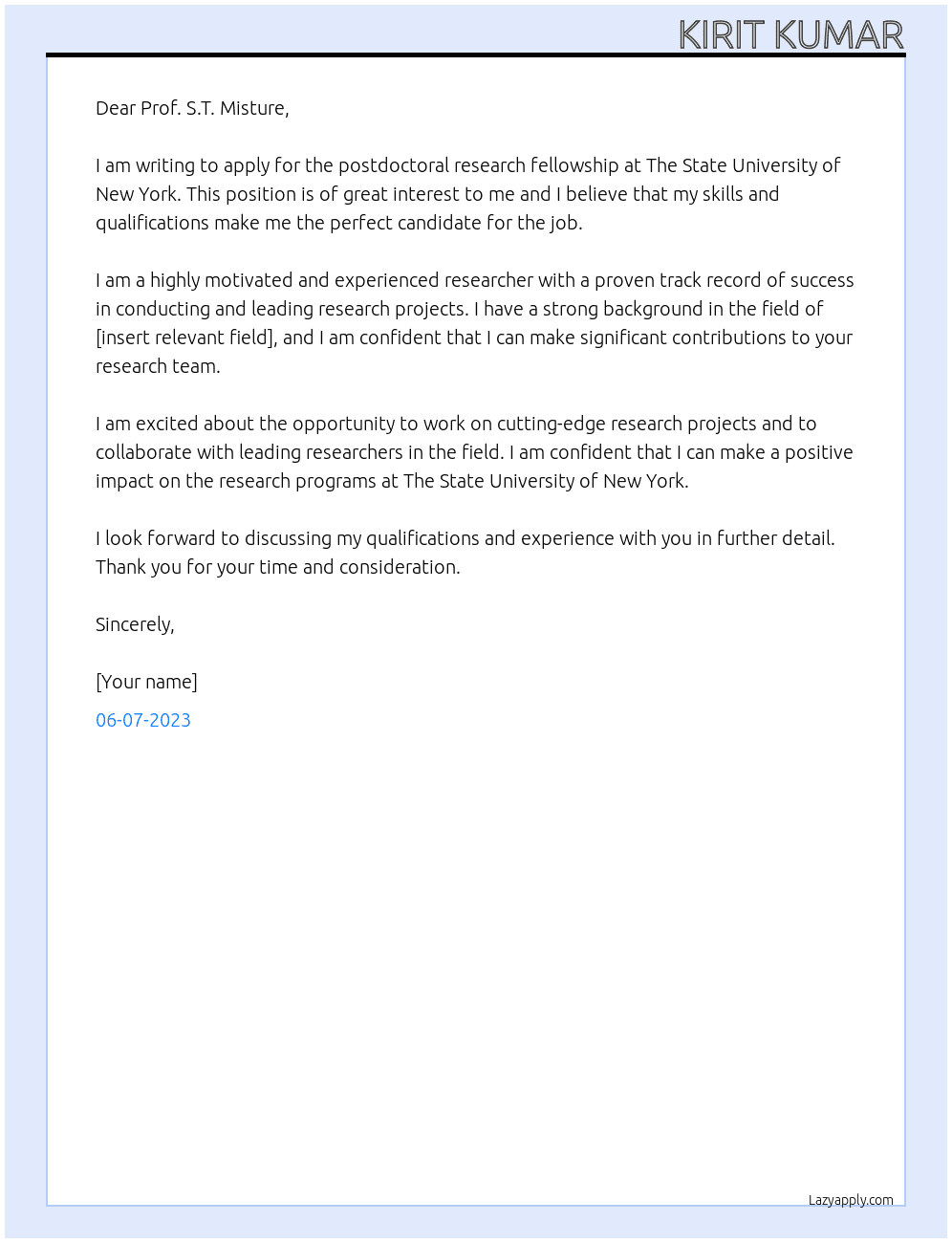 postdoctoral research fellowship At The State University of New York  Cover Letter