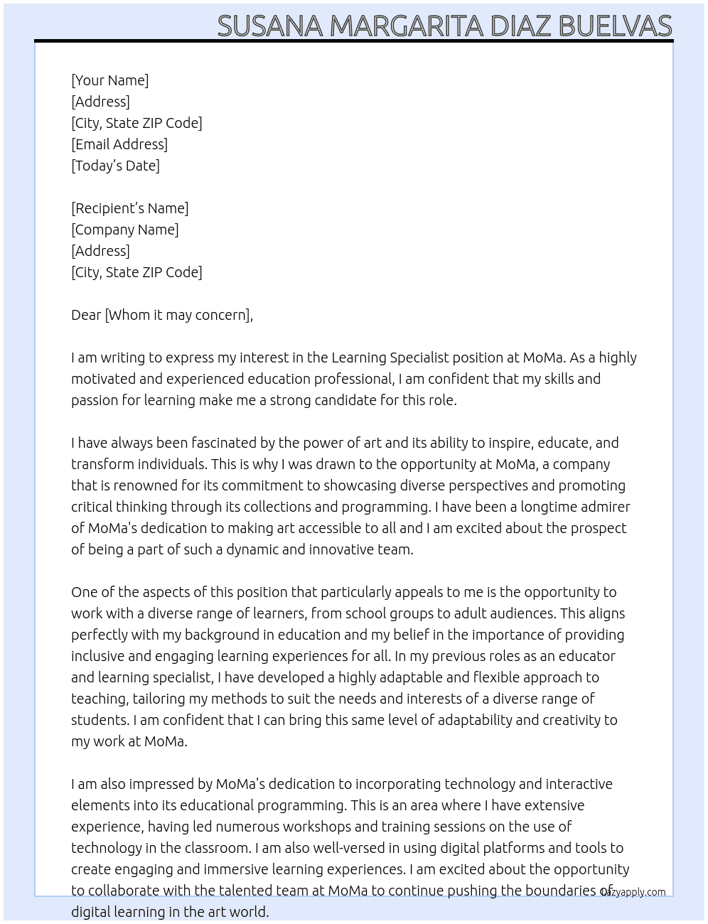 Learning Specialist At MoMa Cover Letter