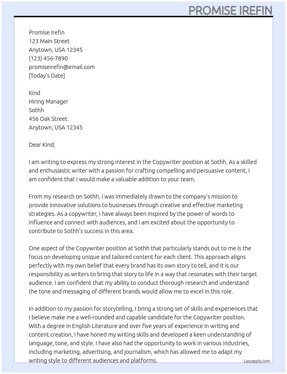 Copywriter At sothh Cover Letter