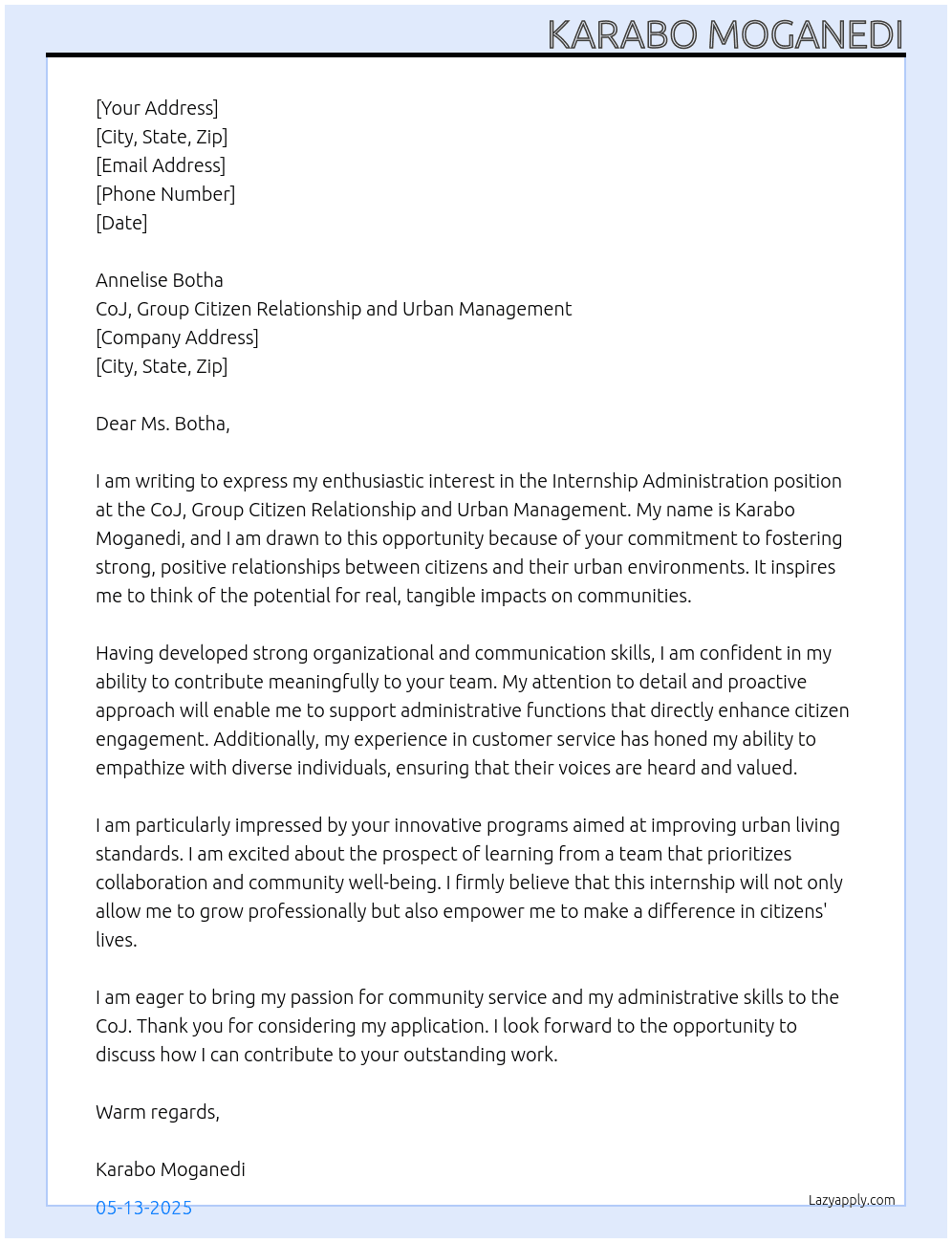 Cover letter for internship administration: - LazyApply