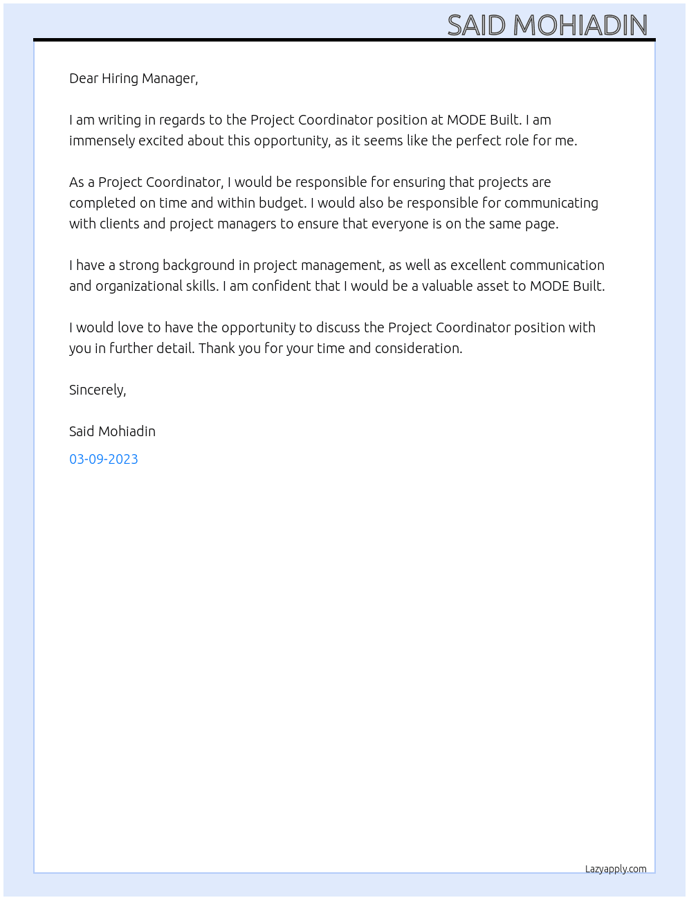 Project Coordinator  At MODE Built  Cover Letter