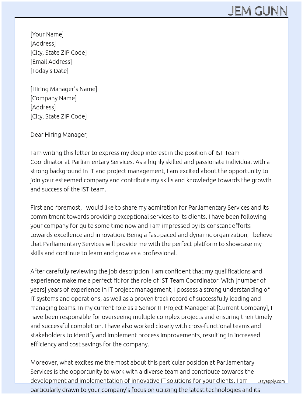 IST Team Coordinator At Parliamentary Services Cover Letter