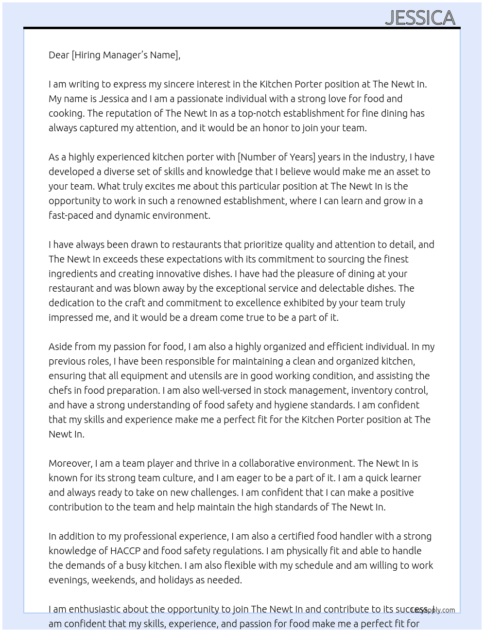kitchen porter  At The Newt In  Cover Letter