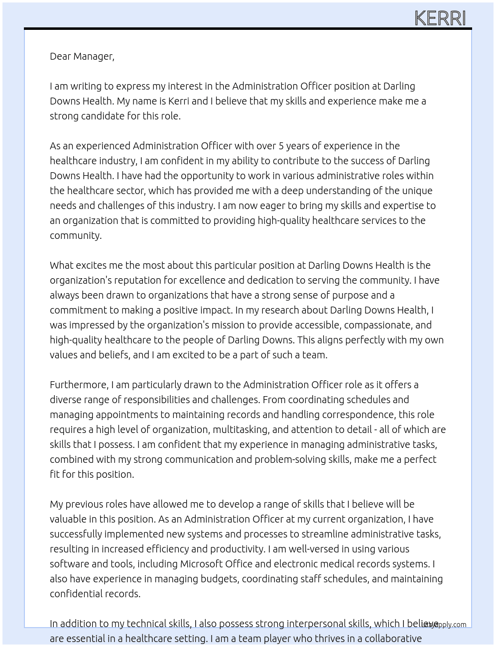 Administration officer  At Darling Downs health  Cover Letter