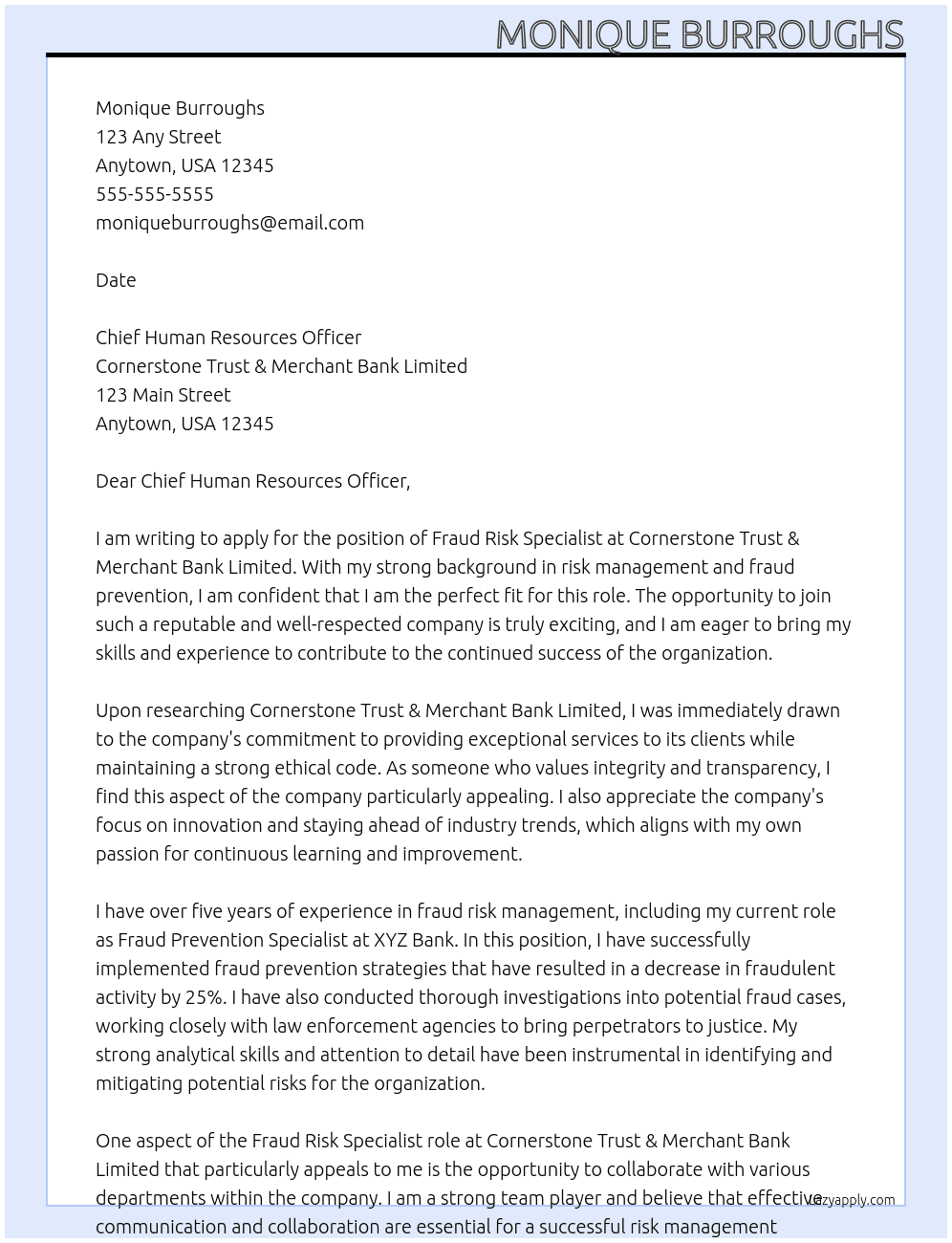 Fraud Risk Specialist At Cornerstone Trust & Merchant Bank Limited Cover Letter